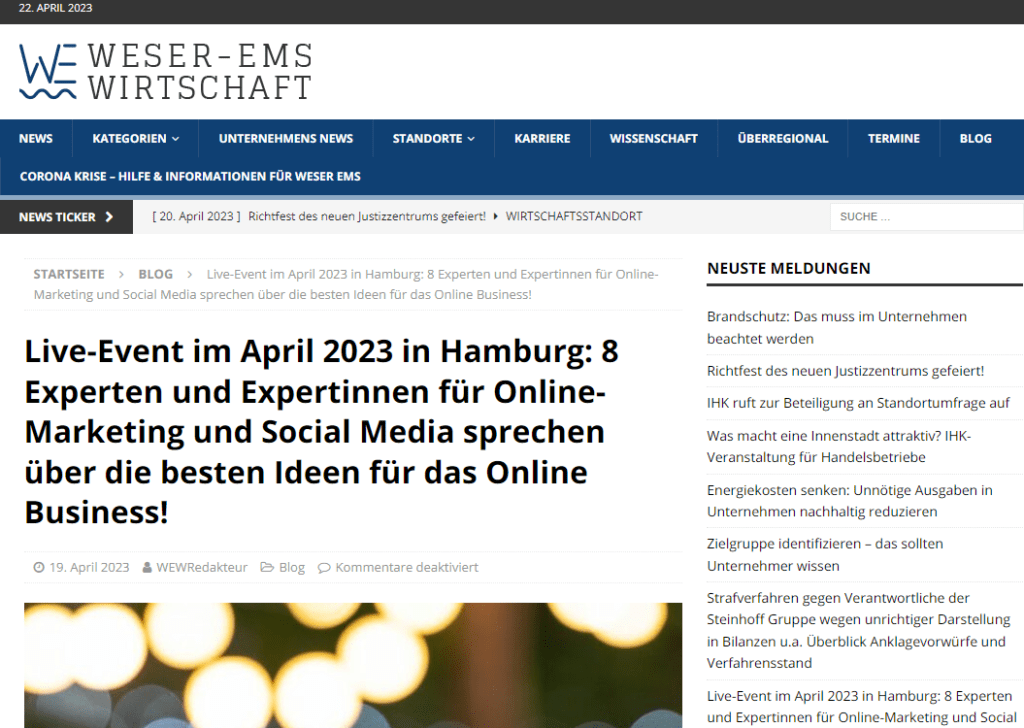 Vorankündigung Event Hamburg, Weser-Ems-Wirtschaft Onlinemagazin
